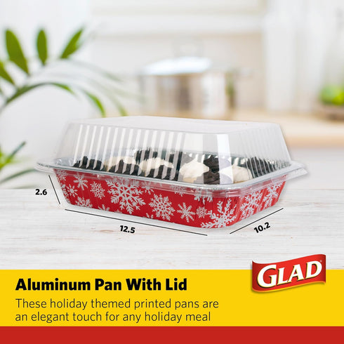 Glad Disposable Aluminum All-Purpose Pans in Red & White Snowflake Holiday Pattern, 2ct with Lids | Printed Durable Foil Steam Pans | 12.5 x 10.2 x 2.16 Aluminum Pan | Durable Disposable Steamware by Glad