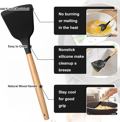 E-far Silicone Cooking Utensils Set, 10-Piece Black Kitchen Tools with Wooden Handle