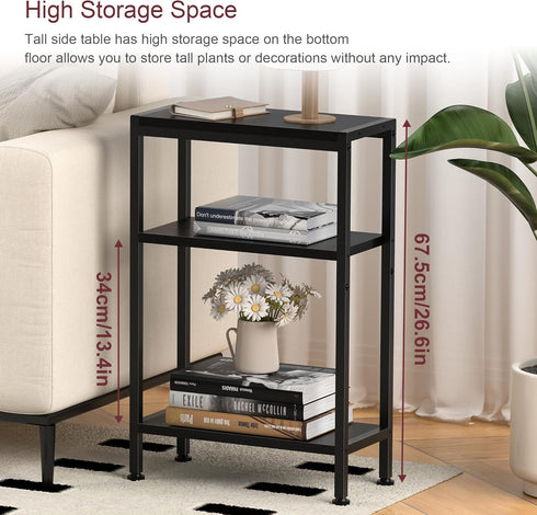 3 Narrow Side Table for Small Space, Tier Slim End Table, Thin Nightstand, Skinny Snack Couch Table, Sofa Bedside Table