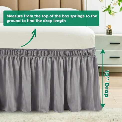 Biscaynebay Wrap Around Bed Skirts for Full & Full XL Beds, 15" Drop, Silver Grey Adjustable Elastic Dust Ruffles