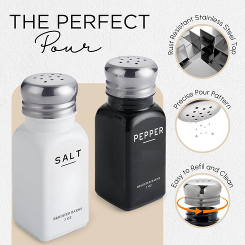 Brighter Barns Farmhouse Salt and Pepper Shakers Set, Rustic Vintage Glass Shakers with Stainless Steel Lids for Kitchen