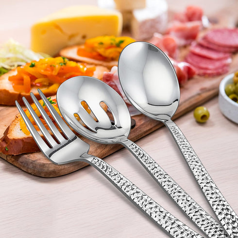E-far 6-Piece Hammered Serving Utensils Set, 8.7 Inch Stainless Steel Hostess Spoons and Forks, Dishwasher Safe