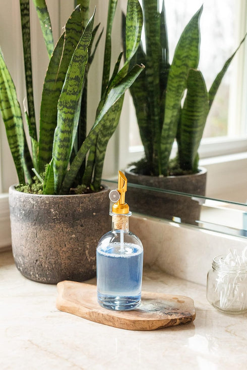 Rail19 Small Clear Glass Mouthwash Dispenser with Metal Pour Spout, 8oz, Perfect for Bathroom, Kitchen, and Tabletop