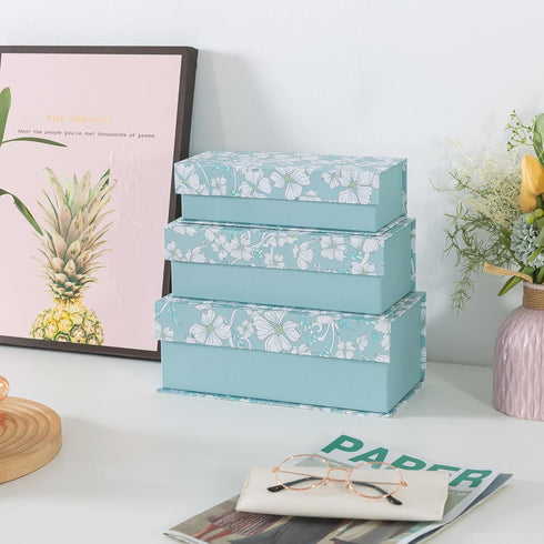 Blue Botanical Decorative Storage Boxes with Lids, Set of 3 White Floral Memory Keepsake Boxes for Organizing