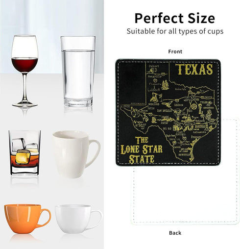 Set 4 Inches Set 6 Marble Coasters Square Leather Drinks Coaster with Holder for Coffee Table Bar Home Decor of (Texas