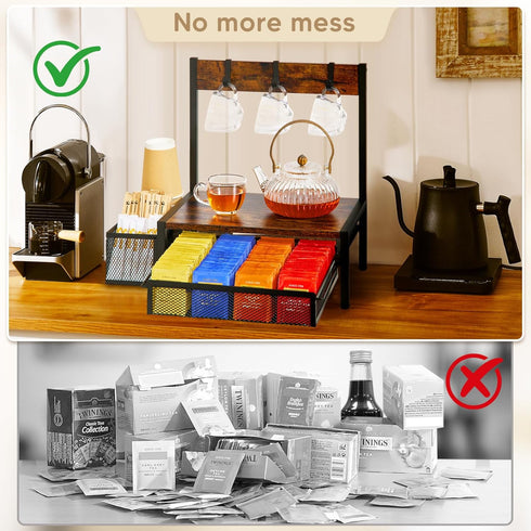 4 Countertop DGWJSU Tea Bag Organizer, Wood Tea Organizer and Storage Cheast, Tea Bag Holder with Storage Drawer, Hooks