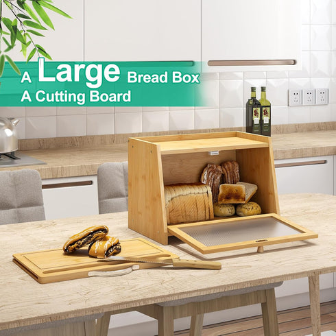 kiplant Counter, Bread Box with Cutting Board, Bamboo Bread Box for Kitchen Bread Storage Container with Wavy Arcylic