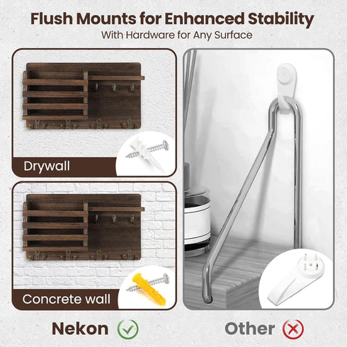 Nekon Mail Holder for Wall - Mail Organizer with Key Hooks, Letter Sorter, Natural Wood, Floating Shelf, Flush Mount