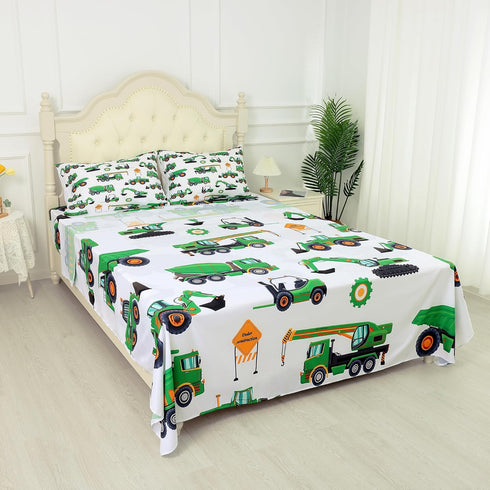 Set 4PC Set 1 1 2 Sheet Green Tractor: Queen Size Cartoon Excavator Truck Bed Sheets for Boys Kids Toddler Deep Pocket