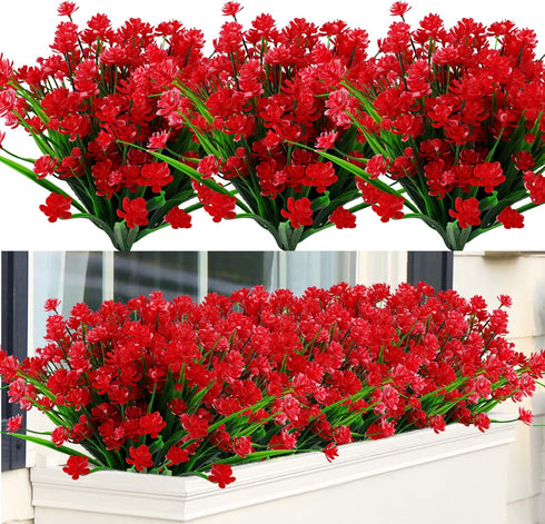 GREENRAIN 6 Bundles Red Artificial Lotus Flowers, UV Resistant Faux Plastic Plants for Garden Décor
