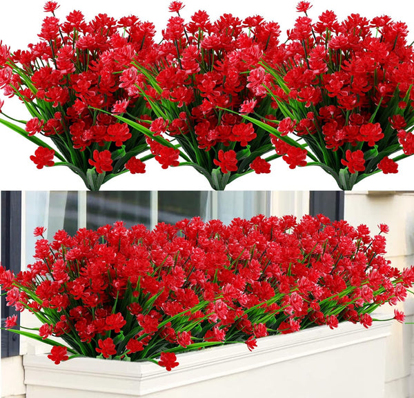 GREENRAIN 6 Bundles Red Artificial Lotus Flowers, UV Resistant Faux Plastic Plants for Garden Décor