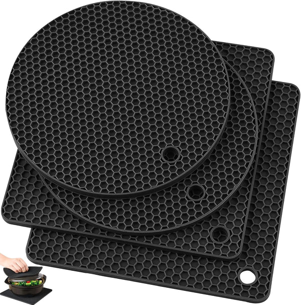 Silicone Pot Mat Trivet, Heat Resistant Counter Mats for Tables, 4 Pack Black (2 Squared + 2 Round)