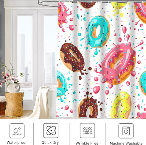 Colorful Donuts Shower Curtain Sets with Hooks, Pink Chocolate Lemon Blue Mint Glaze on White, Waterproof Bathroom Decor
