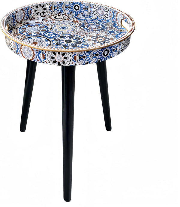 Zosenley Small Round Side Table - 13" Blue Boho Geometric End Table