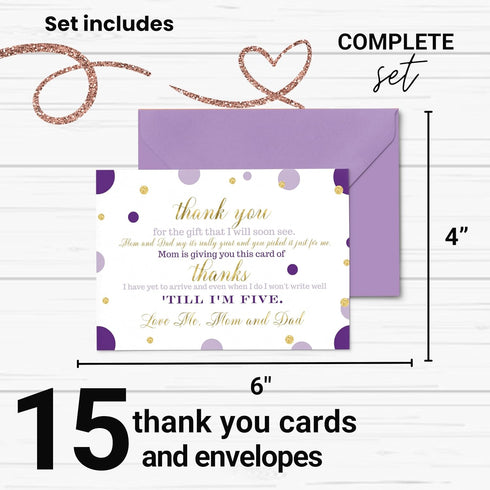 Paper Clever Party Purple and Gold Baby Shower Thank You Cards with Envelopes, 15 Pack