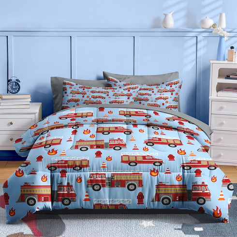 5 Set Nesker Pcs Comforter Twin Size, Red Fire Engine Bedding for Kids Teen, Fire-Fighting Trucks Vehicle Bed Sheet