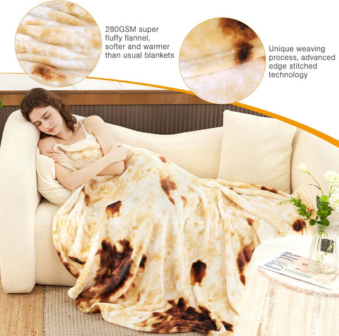 80in 2.0 LetsFunny Burrito Tortilla Throw Blanket, Double Sided Burritos Taco Tortilla Wrap Blankets for Women Men Teen