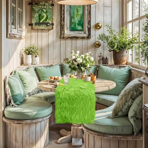 36'' Summer Spring Green Table Runner Short, Small Fluffy Faux Fur Dresser Runners for Bedroom, Furry Coffee Table