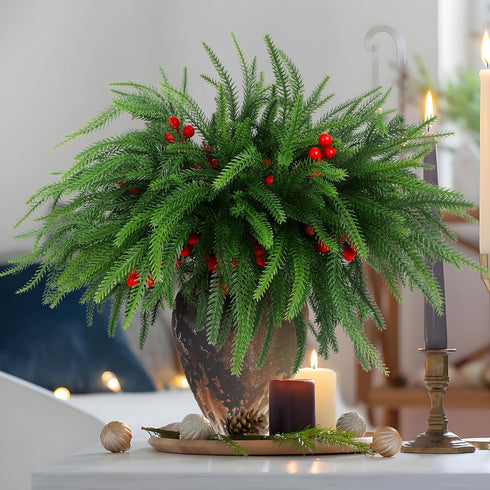 12Pcs Christmas Norfolk Pine Stems with Red Berries, Real Touch Artificial Norfolk Pine Branches for Vase,DIY Crafts