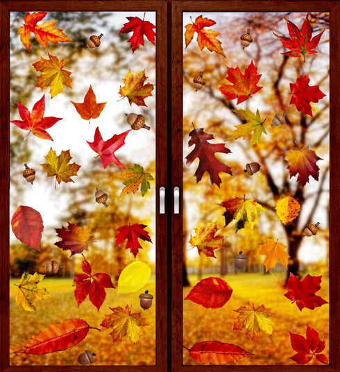 VEYLIN 6 Sheets 200Pcs Thanksgiving Window Clings, Autumn Maple Leaves Static Stickers for Window Decoration