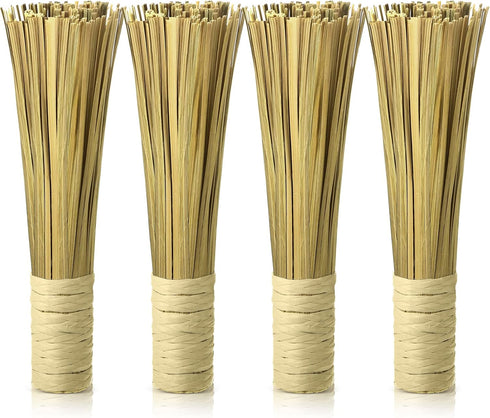 4 Pack 12 Inches Bamboo Wok Brush Cleaning Whisk, Kitchen Scrub Brush and Pot Scraper for Cooking Utensils