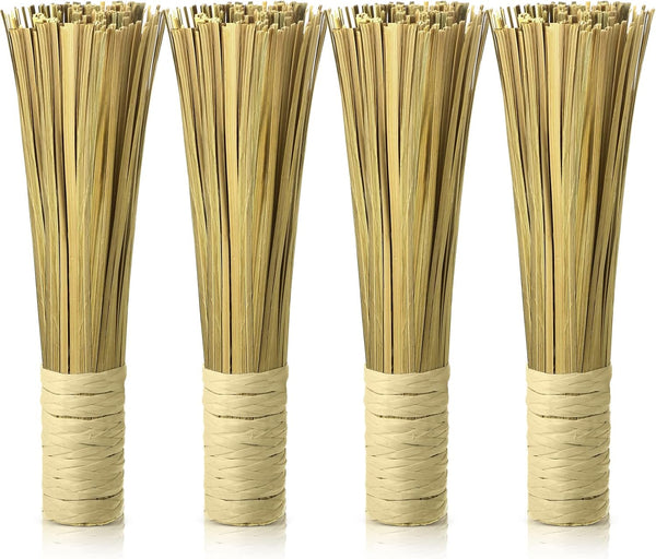 4 Pack 12 Inches Bamboo Wok Brush Cleaning Whisk, Kitchen Scrub Brush and Pot Scraper for Cooking Utensils