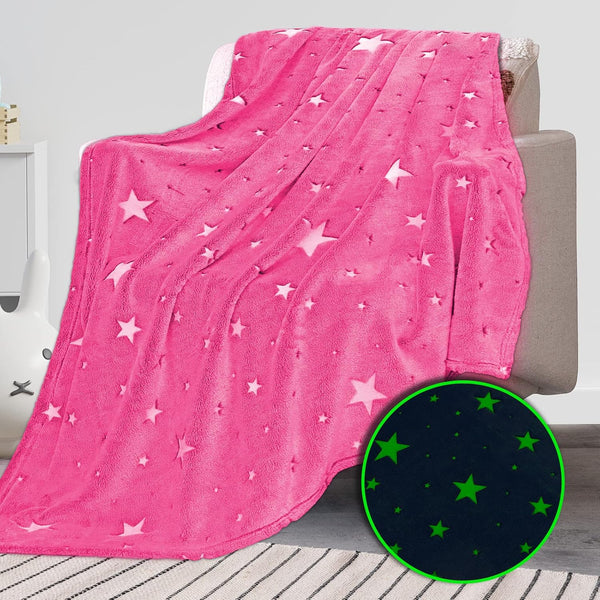 Glow in The Dark Blanket for Kids, Soft Cozy Warm Fuzzy Throw Blanket with Pink Glowing Stars