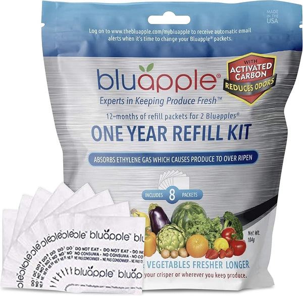 Bluapple Produce Saver Ethylene Gas Absorber - 1 Year Refill Kit with 8 Packets (9g Classic + 4g Carbon)