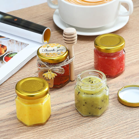 60 Pack Lids,1.5 oz CRTWDMAN Mini Honey Jars/Pot Metal Glass,Wooden Dippers,Bee Charms,Jutes,Stickers,Small,Tiny, Baby