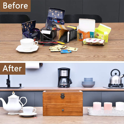2-layer 14 WELLAND Wood Tea Bag Organizer, Storage Box with Clear Acrylic Window, Compartments Large Capacity Tea Bag