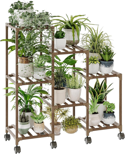 Bamworld Plant Stand with Wheels for Indoor Plants Wood Outdoor Tiered Shelf