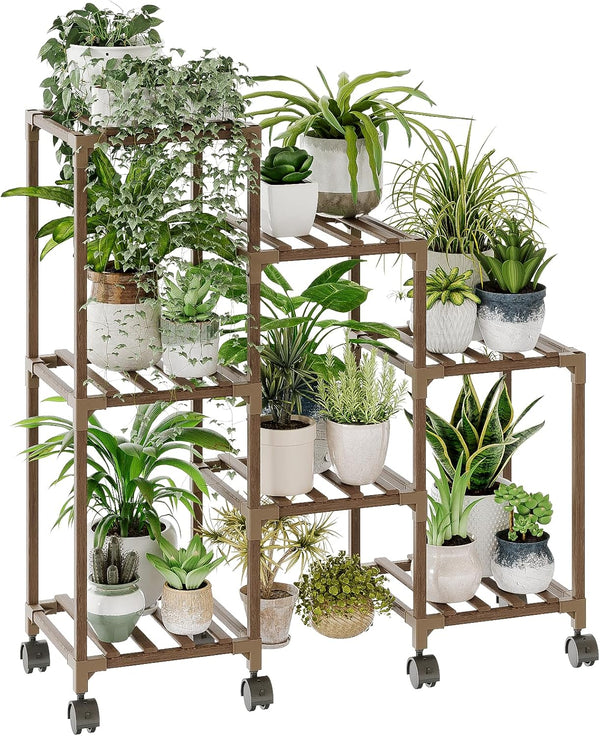 Bamworld Plant Stand with Wheels for Indoor Plants Wood Outdoor Tiered Shelf
