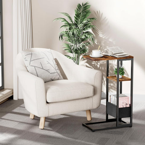 C Shaped End Table, Small Side Table for Couch, Recliner, Slide Under Sofa Tray Desk Snack Tables with Storage Bag