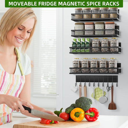 Umomi 5 Pack 10-Hook Magnetic Spice Rack for Refrigerator, Magnetic Shelf for Refrigerator, Moveable Fridge Magnetic