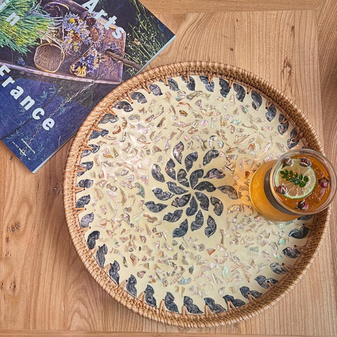 14" Terrekraft Large Rattan Serving Tray with Mother of Pearl, Round Coffee Table Tray Decor, Boho Decorative