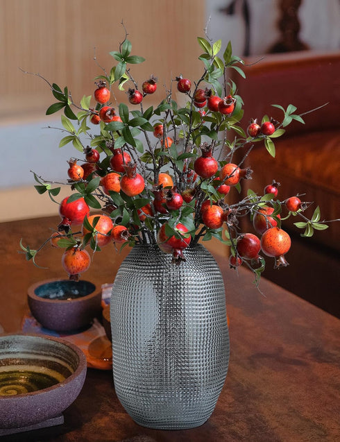 Forlaoers 4pcs 31" Tall Red Berries Pomegranate Faux Plants Stem Fake Tree Branches with Fruits Leaves Artificial