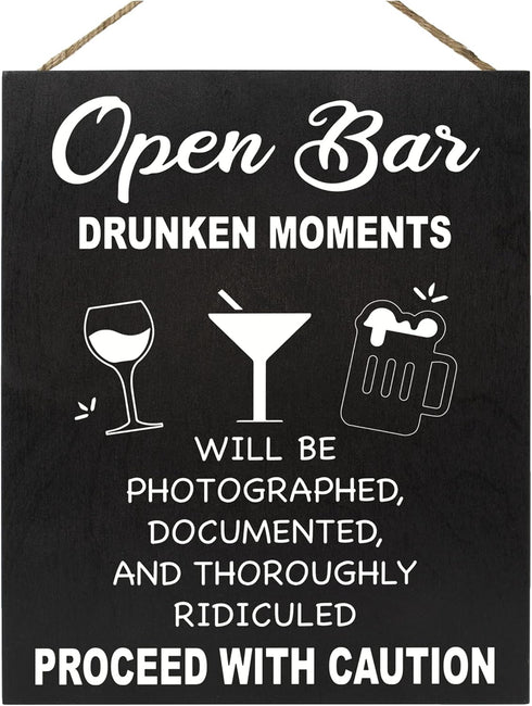 JennyGems Open Bar Hanging Wood Sign | Funny Wedding Reception Decor, Drunken Moments Will Be Photographed