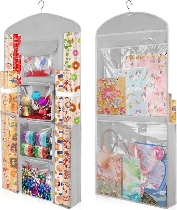 Hanging Gift Wrapping Paper Storage - 40"X17" Grey Double-Sided Christmas Wrapper Bag Container for Closet Organization
