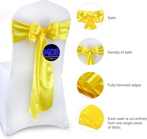 MDS Satin Chair Sashes Pack of 50 PCS, Charmeuse Sateen Dining Chair Bows, Yellow, 7 x 108 Inch for Wedding Party