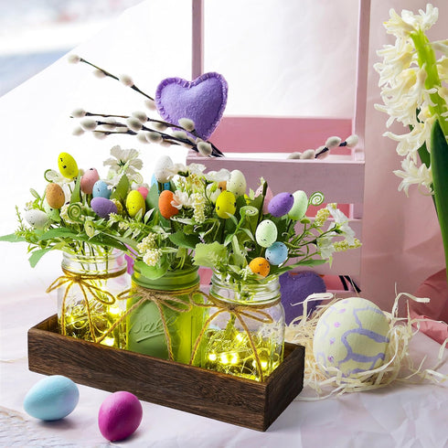 DUOER Easter Centerpiece Table Decorations for Table Runner Farmhouse Coffee Table Decor with Wood Tray and Led Light