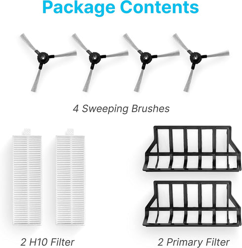 Dana Trading Smart Robot Vacuum Accessory Kit, 2 Replacement Side Brushes, Primary Filter, 2 H10 Filters