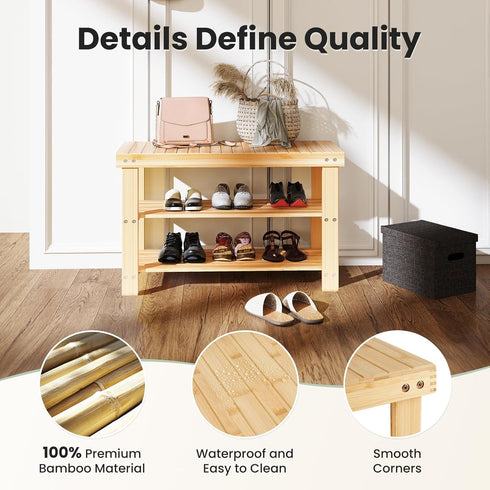3-Tier 286 lb 11.3 27.6 18 Inches, DUMOS Shoe Rack Bench with Storage, Bamboo Entryway Benches, Wooden Shoe Rack Holds