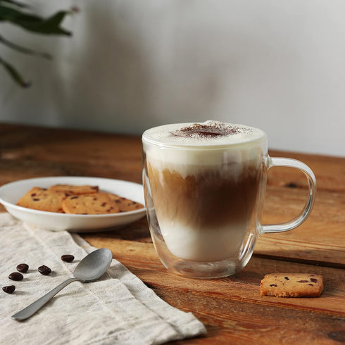 12oz,Double Handle,Set 4 CNGLASS Large Glass Coffee Mugs Walled Insulated Cappuccino Mug