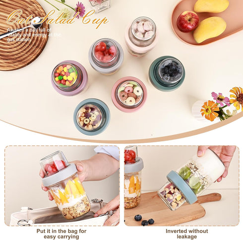 6 Pack 16 OZ Wells Overnight Oats Containers with Lids, Dual Layer Yogurt Containers with Dry and Wet Separation