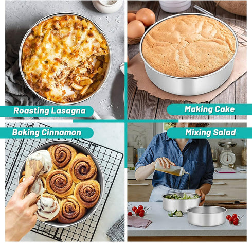 TeamFar Cake Pans, 2 PCS Stainless Steel Round 8 x 3 Inch Deep Baking Pans for Wedding & Birthday, Non-Toxic & Heavy