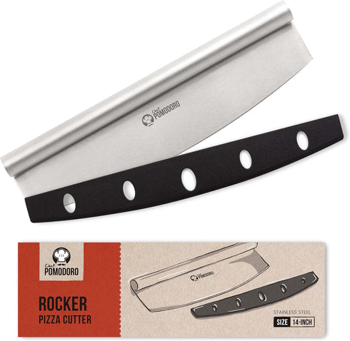 Chef Pomodoro Pizza Cutter Rocker Knife, 14 Inch Mezzaluna Chopper with Protective Cover, Dishwasher Safe