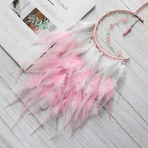Dremisland Moon Dream Catcher with Fairy Lights-Handmade Feather Lucky Turquoise Pendant Beads Wall Hanging Ornament