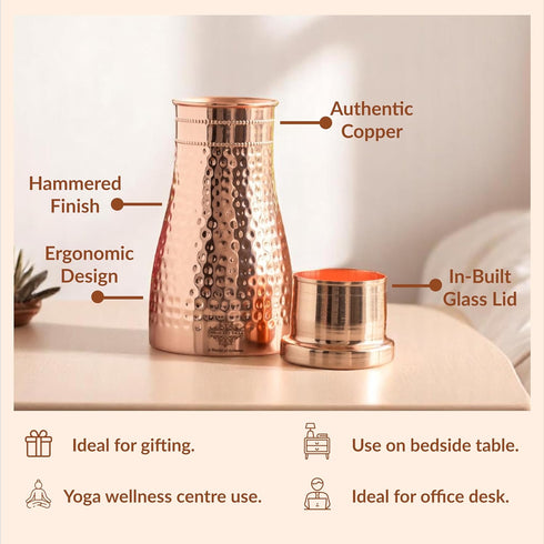 Indian Art Villa Pure Copper Bedroom Water Bottle with Inbuilt Glass & Hammered Shine Design, 32 Oz