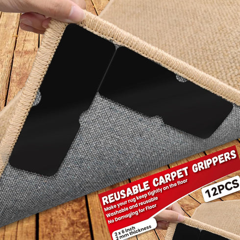 Rug Carpet Non Slip Grippers, Reusable Washable Double Sided Carpet Tape Pads for Area Rugs, 12Pcs