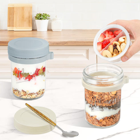 2 Pack 16 oz Xyptorix Overnight Oats Containers with Lids and Spoons, Mason Jars with Removable Separate Compartments
